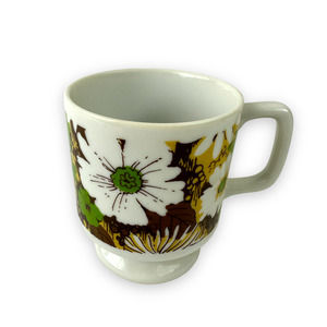 Vintage Stylecraft Floral Coffee Tea Mug Daisies Brown Green White Japan 1219 N